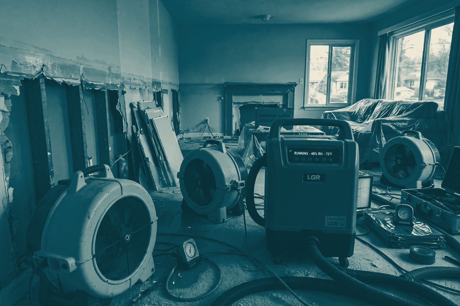 Air movers and dehumidifier drying a water-damaged room